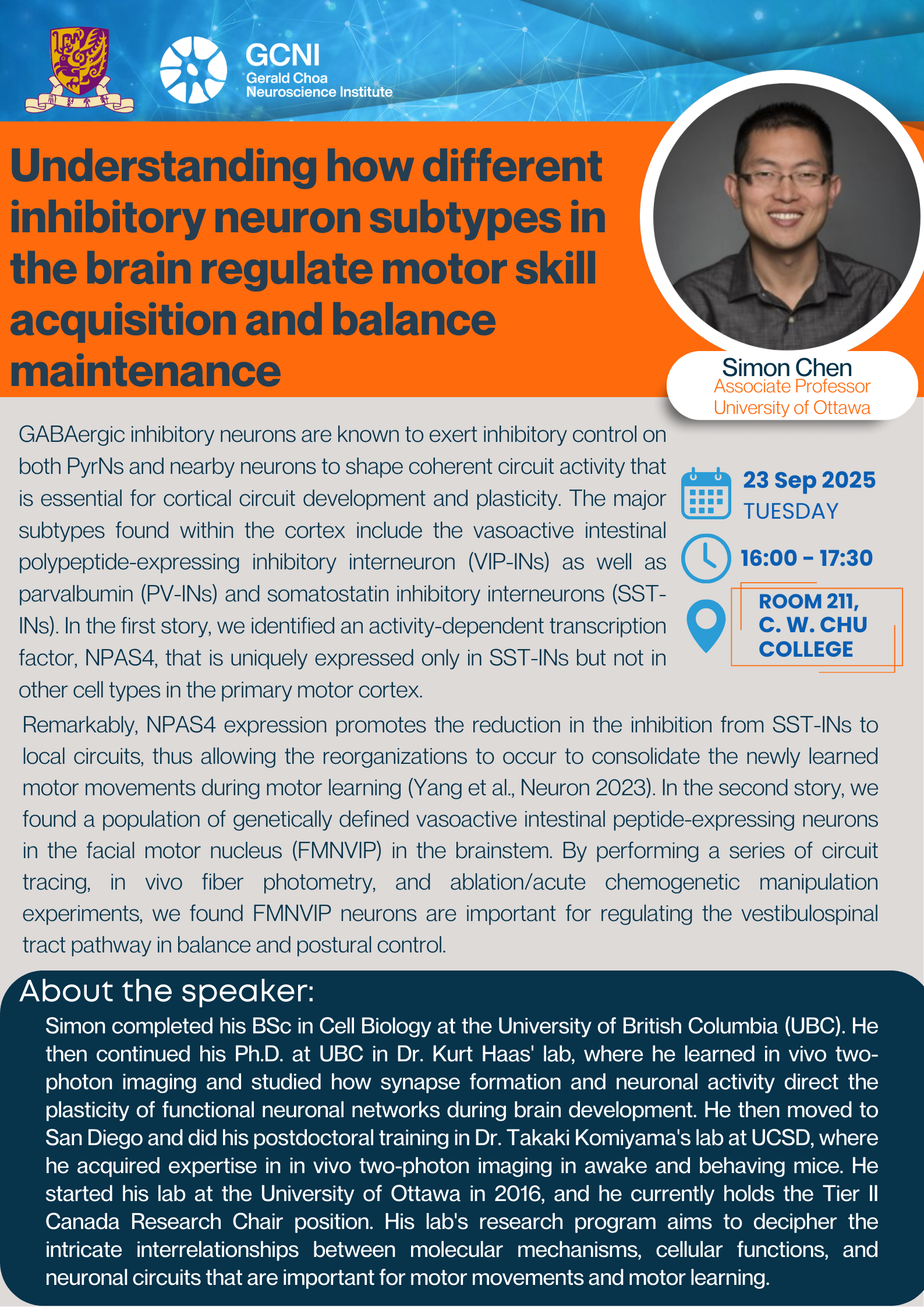 Seminar - Understanding how different inhibitory neuron subtypes in the brain regulate motor skill acquisition and balance maintenance